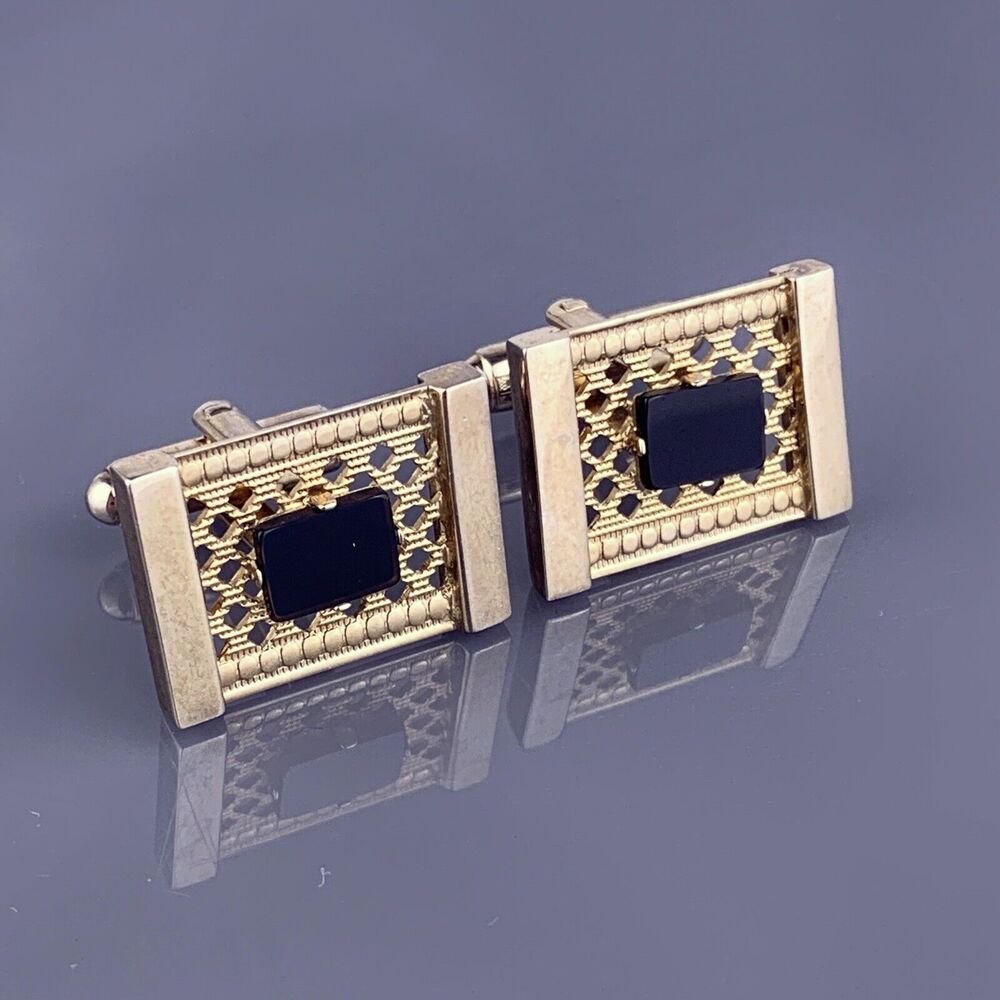 Black Obsidian Lattice Cufflinks Gold Plated Modernist Rectangle Dante Vintage